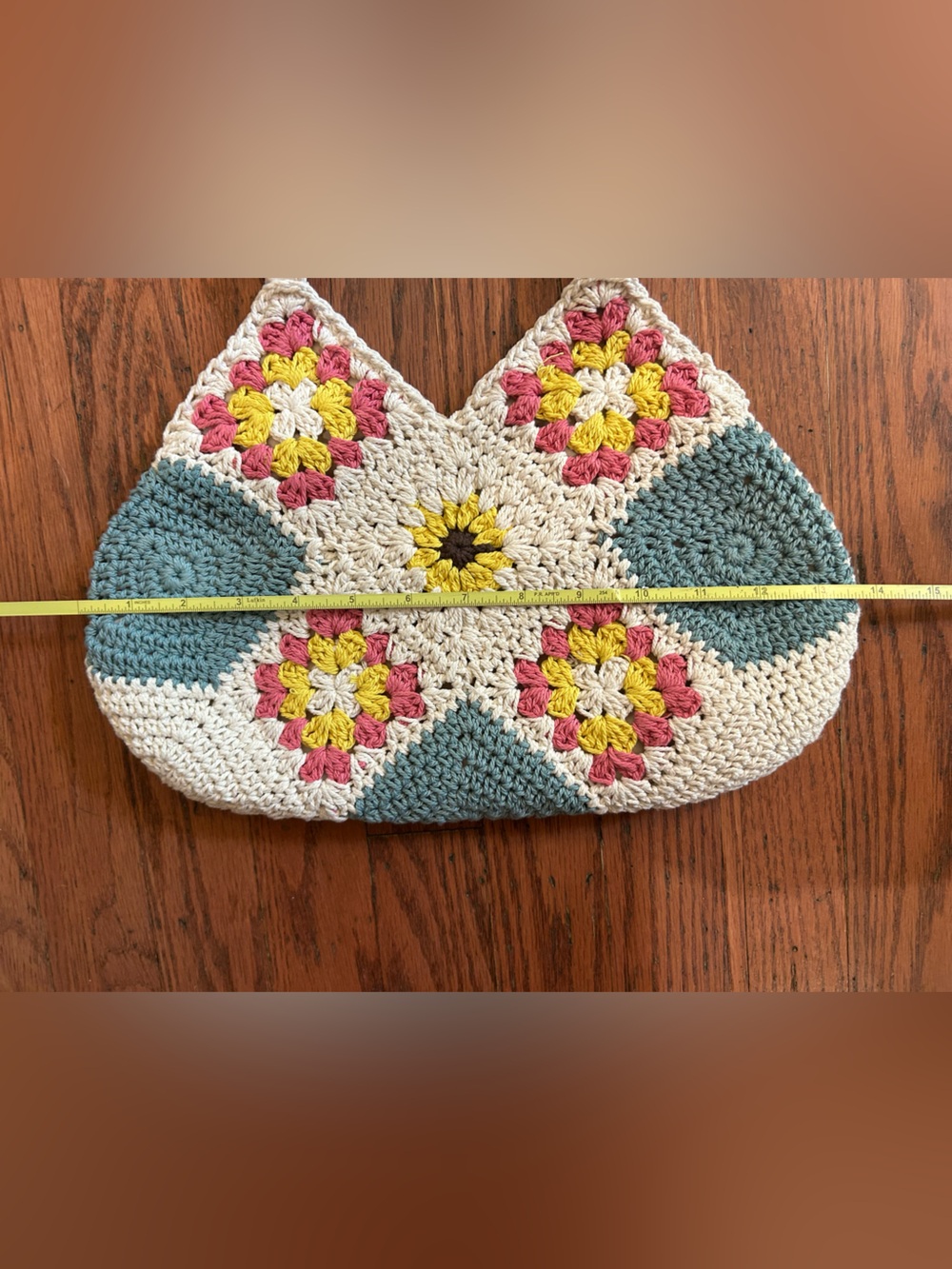 Crochet Granny Square Floral Handbag Wood Handle Lined Boho Purse Cottagecore - Picture 4 of 9